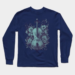 Cello & roses pixel art blue Long Sleeve T-Shirt